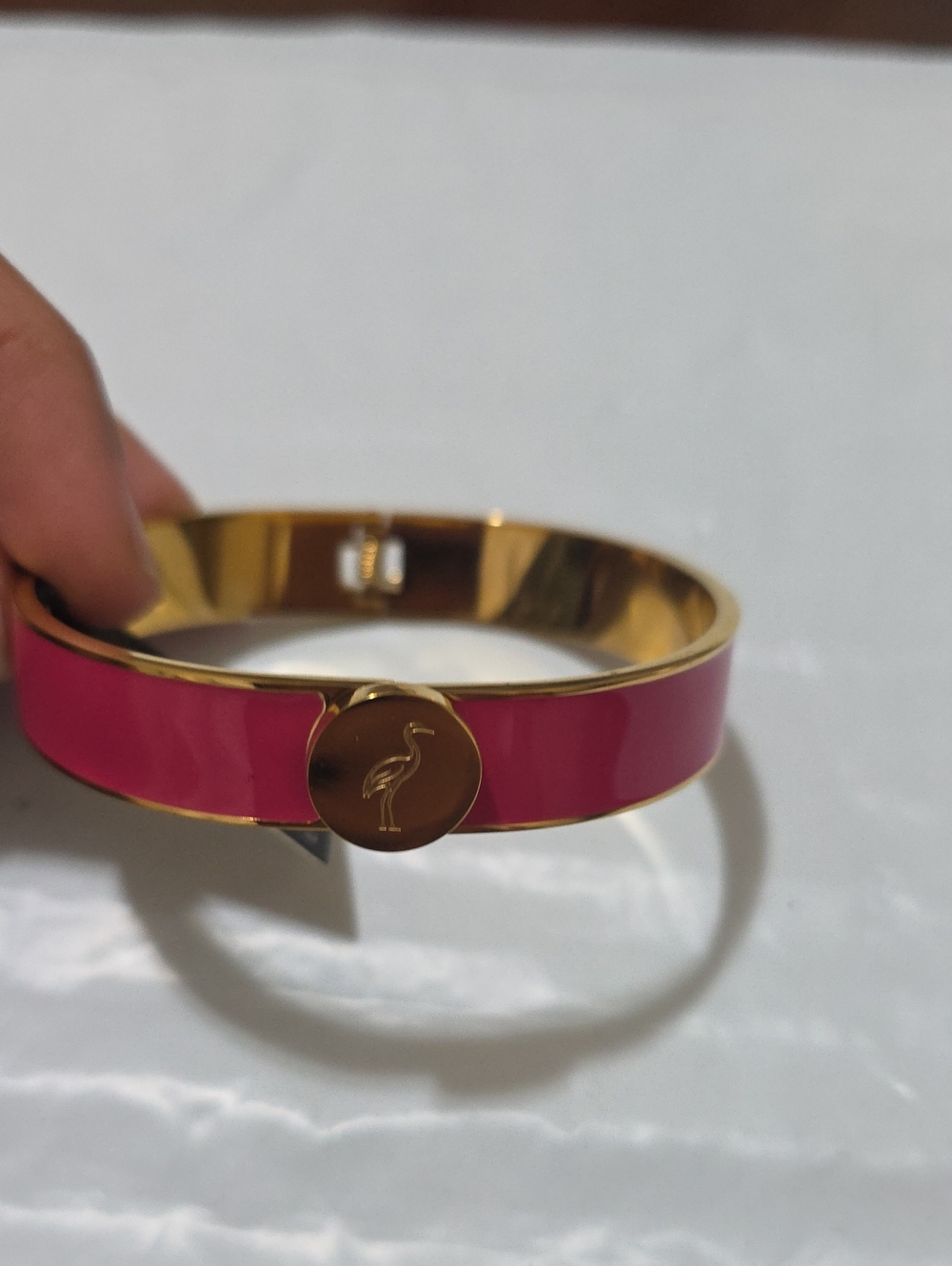 Pink Enamel Gold-Tone Flamingo Accent Bangle Bracelet